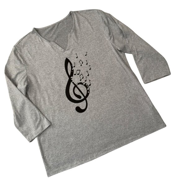 Music Treble Clef Top Size XL Gray Three Quarter Sleeve Stretch Knit - Picture 9 of 9